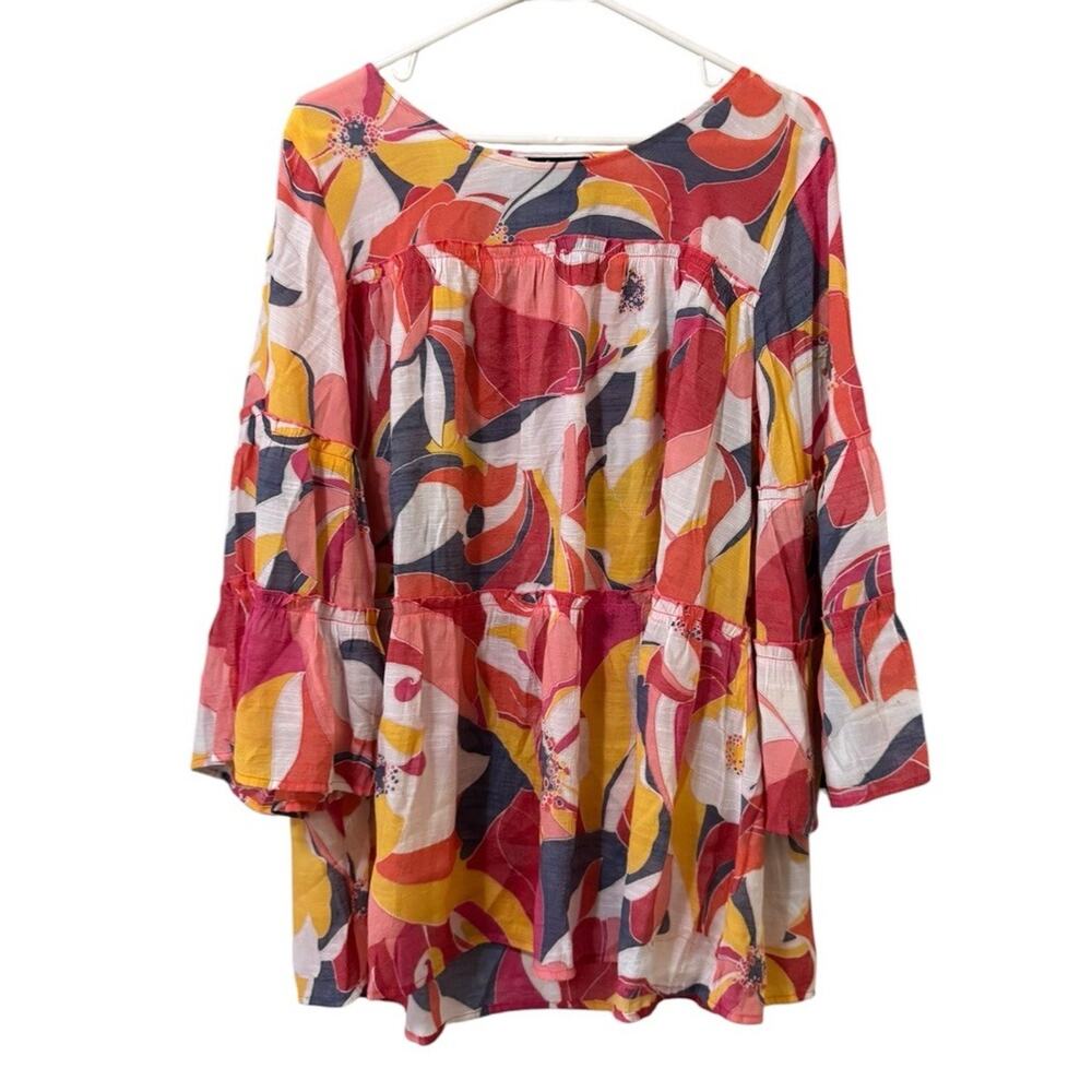Cocomo Woman Floral Boho Tunic Top Plus size 1X Cotton Blend Bell Sleeves Tiered